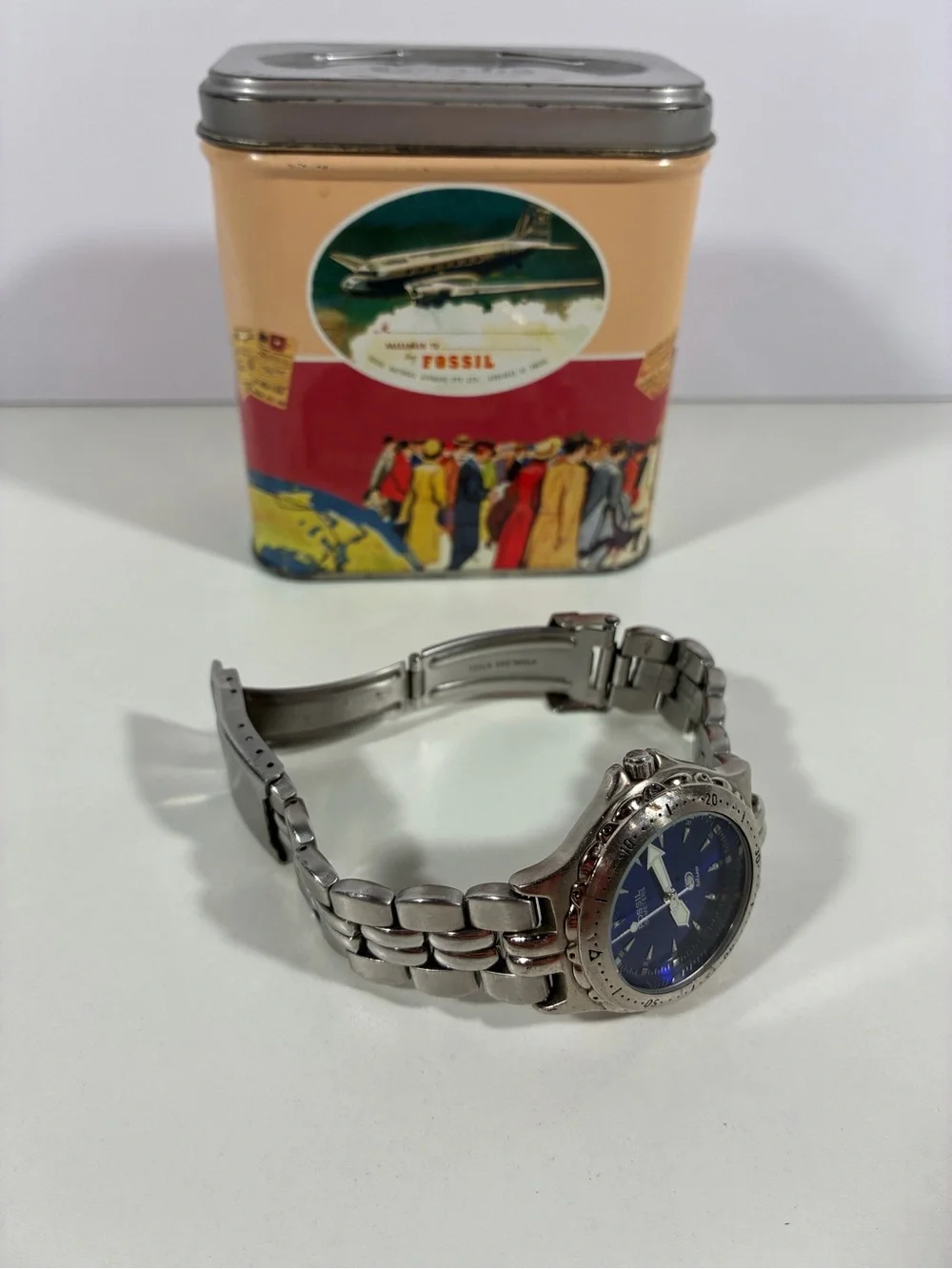 FOSSIL Blue AM-3175 Stainless Steel Quartz Analog Men's Watch Vintage Waterproof